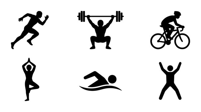 Fitness Icons Set: Running, Weightlifting, Cycling, Yoga, Swimming, Jumping Jacks, Silhouette Collection for Health and Sport Graphics