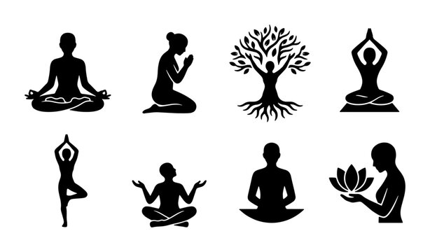 Yoga Poses Silhouettes, Meditation Icons Set, Spiritual Well-being Graphics, Zen Mindfulness Collection
