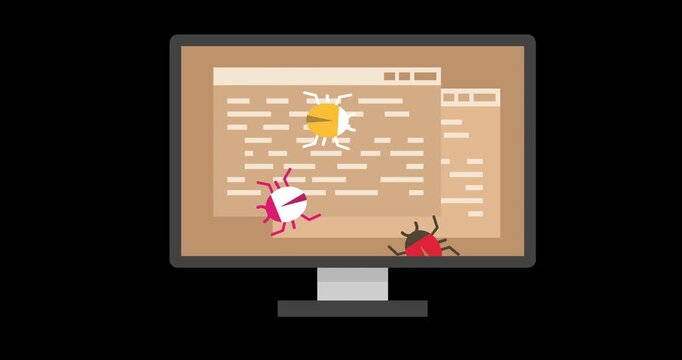 Animated bugs crawling on computer screen with code. Perfect for cybersecurity, software debugging, virus protection, tech support, IT security videos.
