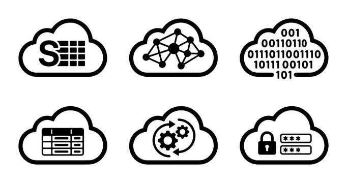 Cloud Computing Icons Set: Data Storage, Network, Binary Code, Database, Processing, Security. Vector Graphics for Technology and Digital Services.