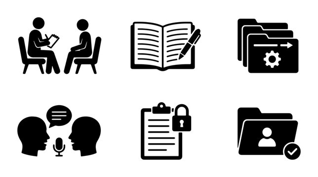 Business Interview, Education, Data Management, Communication, Security, and User Profile Icons Set, Vector Graphics