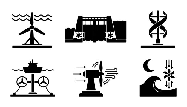 Renewable Energy Icons: Hydroelectric Dam, Wind Turbine, Tidal Power, Ocean Current, and More. Clean Energy Vector Set for Sustainable Technology.