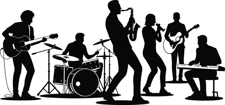 Live Music Band Performance Silhouettes with Singers and Musicians