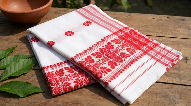 Handwoven Assamese Gamosa Textile Featuring Traditional Red Motif Embroidery on White Cotton Fabric, Symbolic Indian Cultural Garment for Bihu Festival Celebration and Guest Honor.