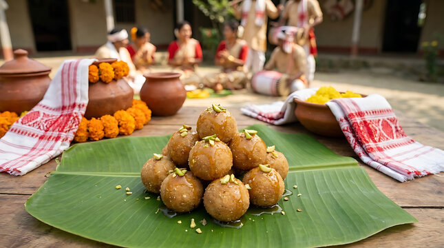 Traditional Indian Coconut Sweets Drizzled with Rich Golden Honey Served on Green Banana Leaves for Bohag Bihu Festive Celebration and Cultural Assamese Ritual Gastronomy