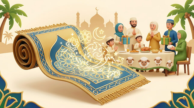 Festive 3D Icon of an Unrolling Prayer Mat with Glowing Islamic Pattern for Eid al-Adha and Kurban Bayram Celebration, Cartoon Style Religious Illustration of a Prayer Rug on Isolated Background