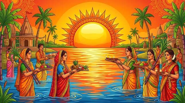 Traditional Chhath Puja illustration showing devotees offering prayers to the Sun God Surya during the sacred Indian festival at a riverbank with spiritual cultural symbolic elements.