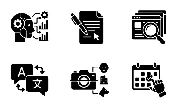 Modern Technology Icons: AI Analytics, Document Signing, Web Search, Language Translation, Object Recognition, Calendar Scheduling