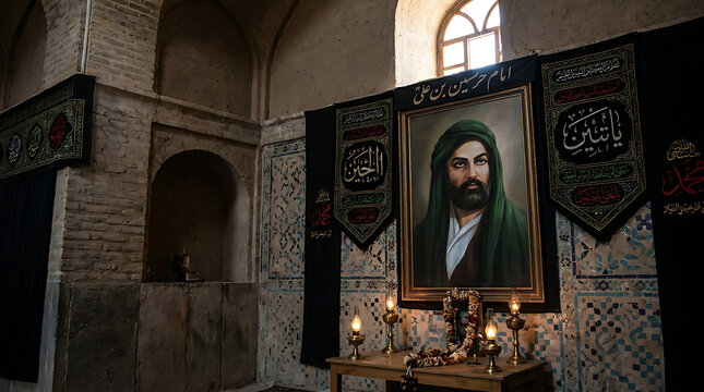 Traditional Religious Portrait of Imam Husayn ibn Ali Displayed in Historic Kashan Iran During Muharram Mourning Month Celebration Within Ancient Persian Architectural Setting Decor