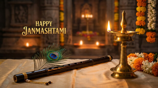 Divine woodwind flute of Lord Krishna adorned with vibrant peacock plumage beside a glowing traditional Indian diya lamp, creating a sacred spiritual atmosphere for Janmashtami celebration.