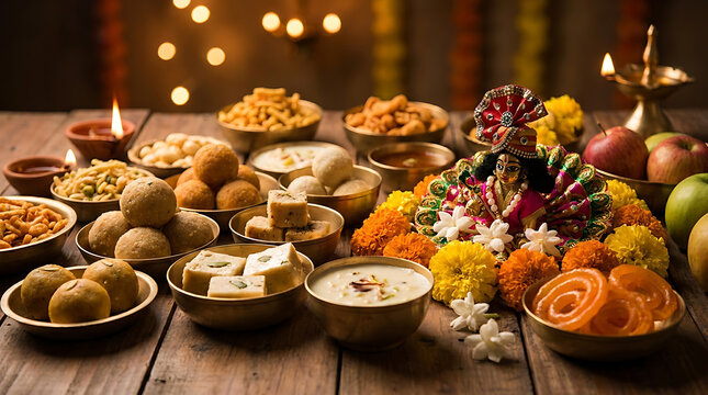Lord Krishna Janmashtami Feast Featuring Delicious Indian Sweets and Traditional Spiritual Food Photography for Festive Celebration Backdrop High Resolution Still Life