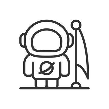 Man on moon pixel perfect linear icon. Lunar landing. Astronaut suit. Space achievement. Apollo 11. First step. Thin line illustration. Contour symbol. Vector outline drawing. Editable stroke