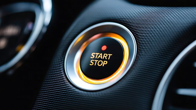 Modern car engine start stop button with illuminated automotive technology design