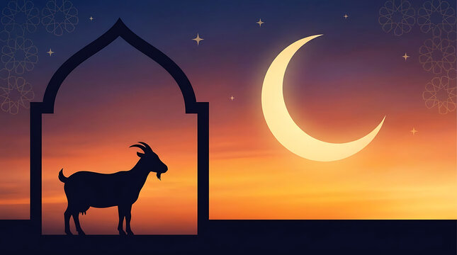 Artistic Eid Al-Adha Mubarak Festive Greeting Card Featuring Silhouette Goat Animal Near Luminous Crescent Moon On Dark Midnight Blue Background