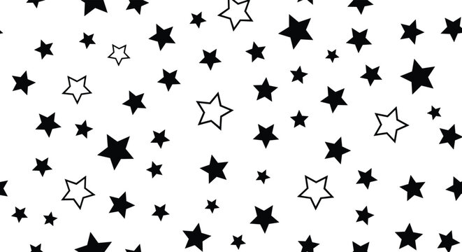 Timeless seamless pattern displays a playful mix of solid black and outlined stars of various sizes on a crisp white background.