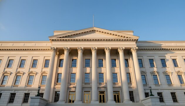 Facade of a neoclassical government building under warm sunlight and reflection for a reopening summer parliament concept, representing democratic governance and authority
