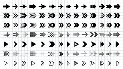 Fototapeta premium A collection of various black and grey arrows and pointers on a grid background.