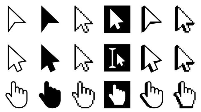 A collection of various computer mouse cursor icons and hand pointer symbols arranged in rows on a plain surface.