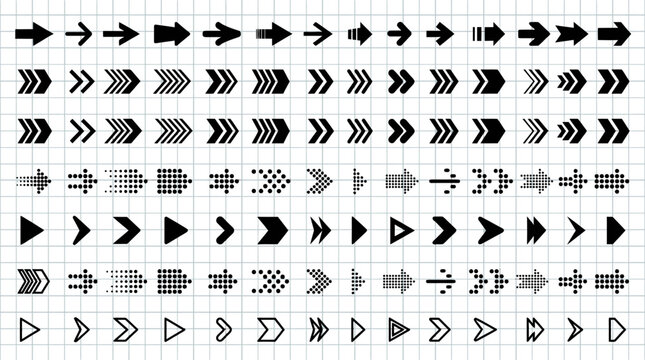 A collection of various black and grey arrows and pointers on a grid background.
