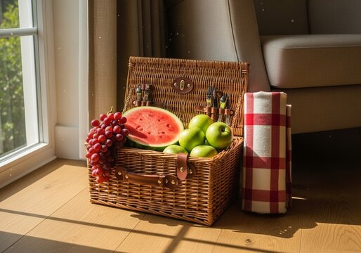 Wicker Picnic Basket with Fresh Fruits and Checkered Blanket on Wooden Floor in Sunlight