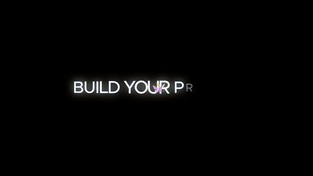 Minimal financial motivation typography animation with glowing white text &ldquo;BUILD YOUR PROFITS&rdquo; on black background, elegant neon glow, luxury business aesthetic, soft butterfly accent, modern money mi