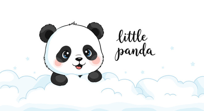 Cute little panda cartoon character peeking over fluffy white clouds with stars and handwritten text for nursery or child nursery decor.