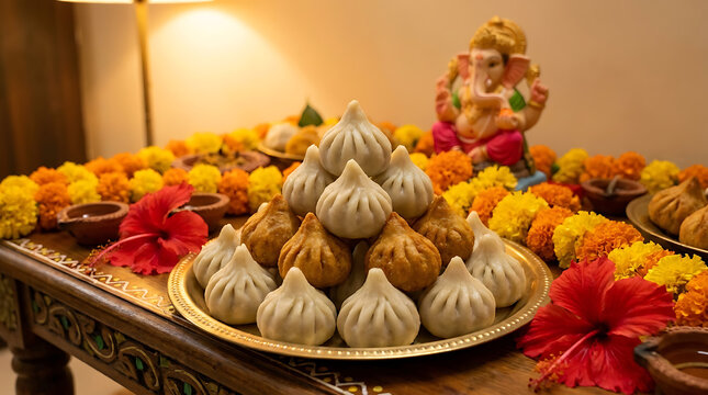 Traditional Handmade Sweet Steamed Modak Dumpling Arranged on a Plate for Lord Ganesha Festival Celebration During Ganesh Chaturthi and Magh Shukla Jayanti Religious Indian Ritual Background