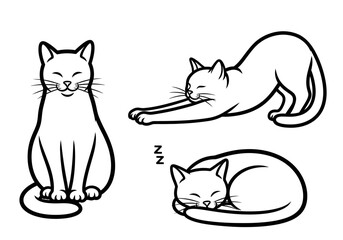 Obraz premium Set of Minimalist Cat Line Art Illustrations: Sitting, Stretching, and Sleeping Feline Poses