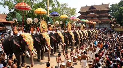 Obraz premium Magnificent decorated Indian elephants stand in row for traditional Thrissur Pooram festival procession in Kerala India featuring ornate gold headgear and colorful parasols during ritual parade.