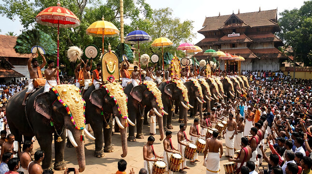Magnificent decorated Indian elephants stand in row for traditional Thrissur Pooram festival procession in Kerala India featuring ornate gold headgear and colorful parasols during ritual parade.