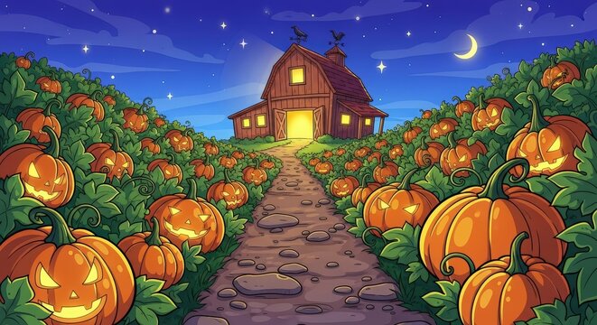 Halloween Pumpkin Patch Leading to Barn at Night