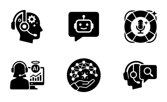 AI Chatbot & Customer Support Icons, Artificial Intelligence Service Icons, Digital Assistant & Tech Support Icons, 6 Vector Elements