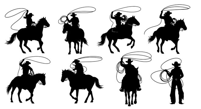 Cowboys riding horses set with lasso silhouettes in action poses featuring western, cowboy, horseback with rodeo and silhouette elements for black,