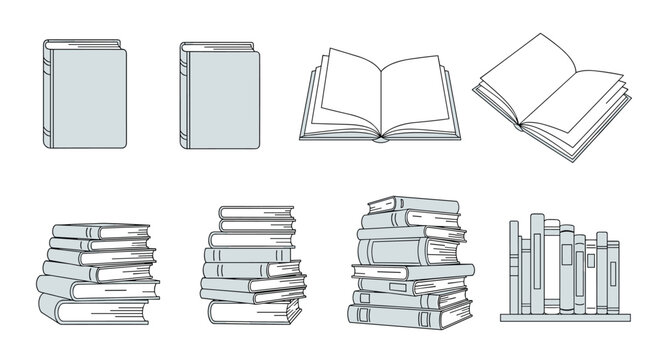 Detailed grayscale set of book icons featuring single volumes, stacked books, and open pages for study and library.