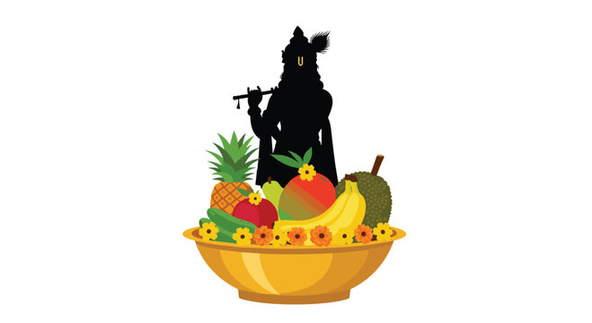The dark silhouette of Lord Krishna playing a flute stands behind a large golden bowl brimming with assorted tropical fruits and marigold flowers against a clean white backdrop.