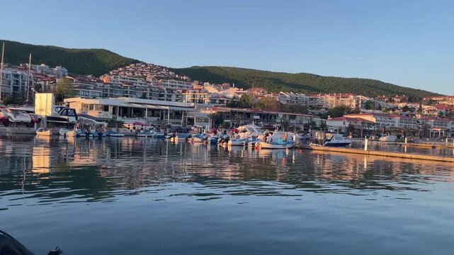 Seaside Town on Mountain Slope at Sunset, Sveti Vlas Coast, 4K Wide