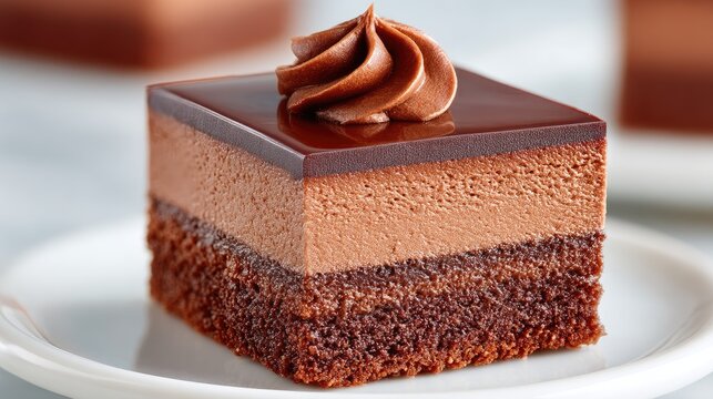 Chocolate Mousse Slice Topped with Ganache and Swirl on White Plate