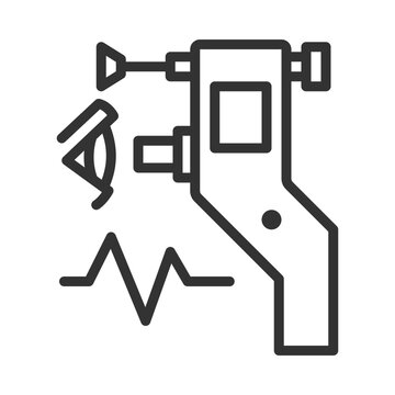 Eye tonometer pixel perfect linear icon. Ocular tonometry. Optical store. Vision test. Glaucoma treatment. Thin line illustration. Contour symbol. Vector outline drawing. Editable stroke