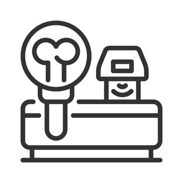 Bone densitometer pixel perfect linear icon. Medical scan. X ray technology. Health assessment. Diagnostic test. Thin line illustration. Contour symbol. Vector outline drawing. Editable stroke