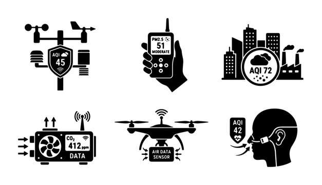 Air Quality Monitoring Icons: Weather Station, Handheld Device, City Pollution, Data Monitor, Drone, Human Respiration, 6 Vector Elements