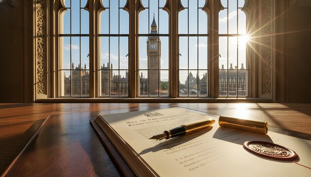 Legislative document and gold pen on desk for the reopening summer parliament concept featuring historic english architecture and democracy in London