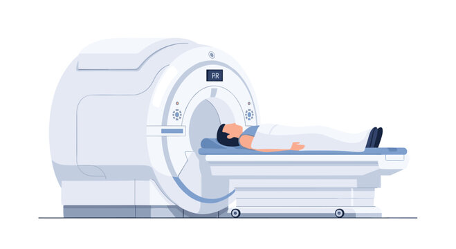 A patient lies on the sliding table of a modern MRI scanner inside a clinical medical examination room depicted in a clean flat vector art style with cool blue tones.