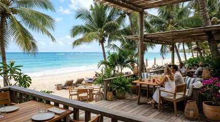 Fototapeta premium Beachfront Dining Setting with Ocean View in the Tropics