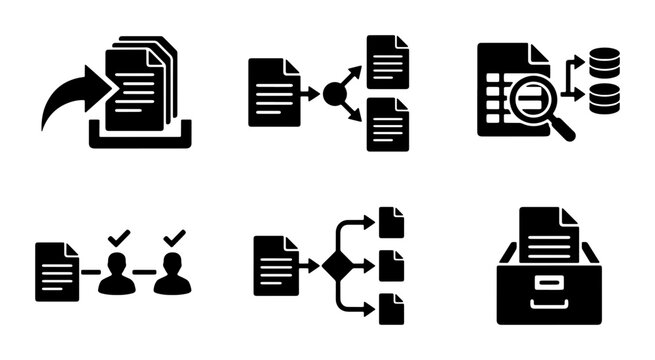 Data Flow Icons, Workflow Symbols, Document Management Graphics, Information Processing Set