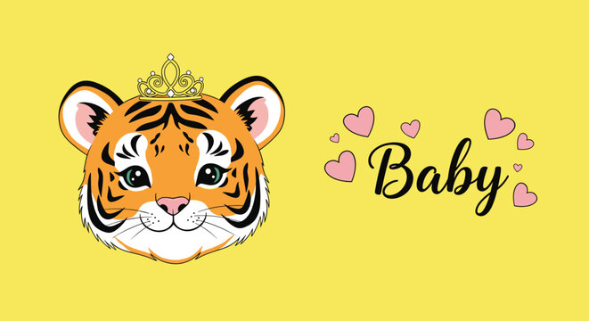 Adorable baby tiger cub wearing a golden crown surrounded by pink hearts and text on a vibrant yellow background for nursery decor.