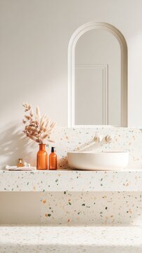 Modern bathroom with polychrome geometric tile and terrazzo floor design