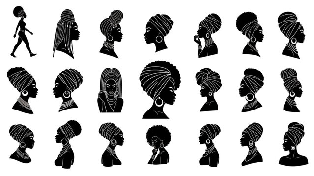 African women in silhouettes wearing headscarves and various styles. A showcase of elegance, grace, and cultural representation. Icon Sheet Vector