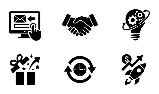 Business Icons Set: Email Marketing, Partnership, Innovation, Gift, Time Management, Startup Growth, Vector Graphics