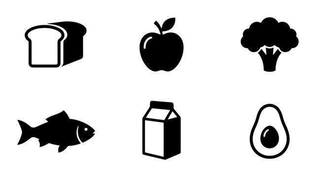 Simple Food Icons Set, Healthy Ingredients Vector Graphics, Nutrition Symbols Collection, Fresh Produce and Staples