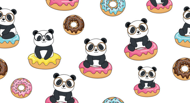 Playful seamless pattern of cute pandas wearing glasses sitting on colorful glazed donuts over a white background for children's apparel.